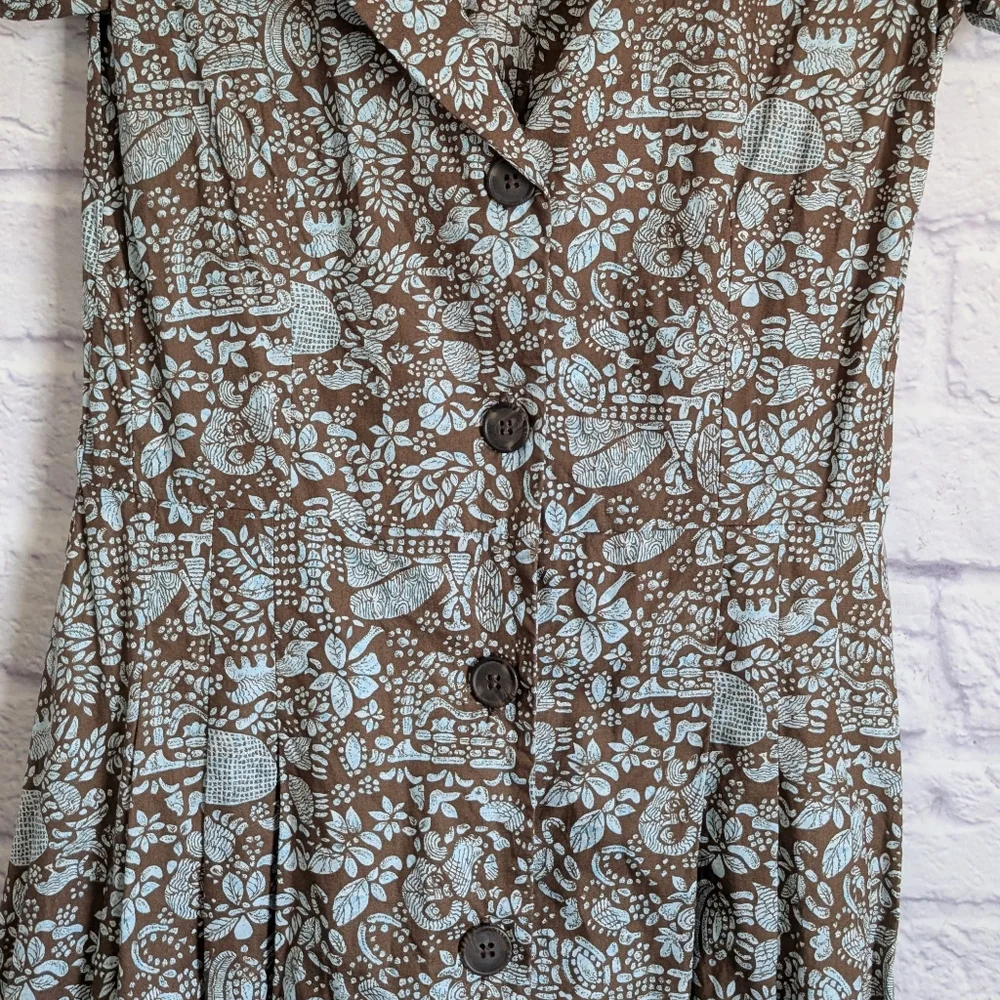 Peruvian Connection Button Front Midi Shirt Dress 4 Blue Brown Print Boho - Picture 2 of 6